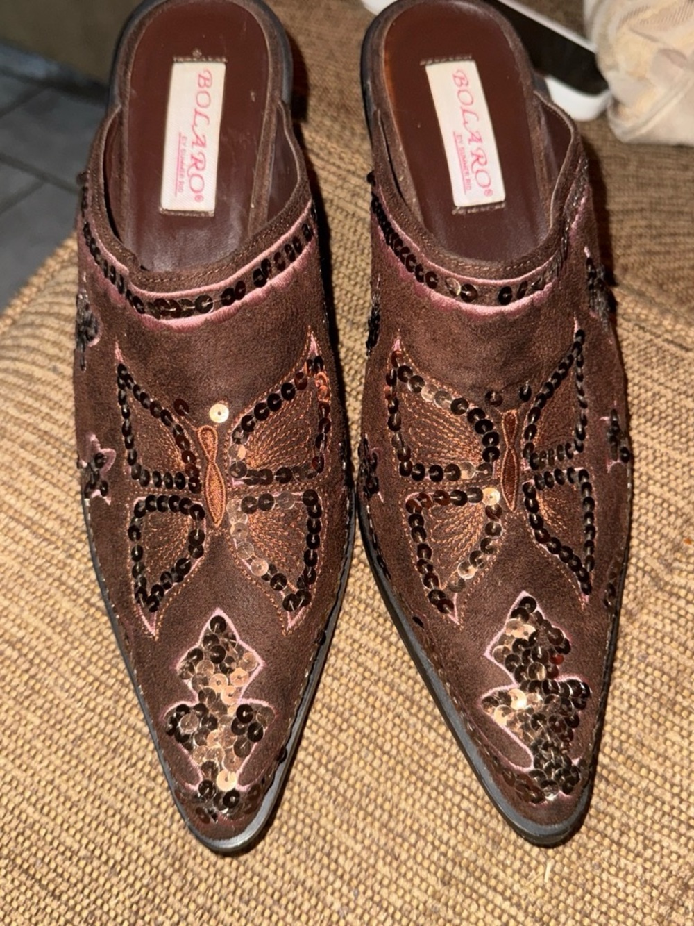 Brown Sequin Pointed-Toe Mule butterfly detailing